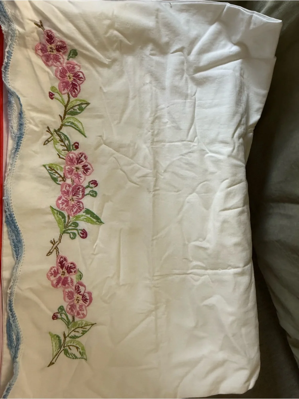 Pillowcase White with Pink Floral Embroidery Blue Trim OSB